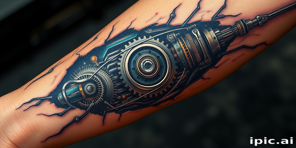 Surrealistic biomechanical tattoo on the arm revealing metallic gears and circuitry beneath torn skin with hyper-realistic details and a futuristic color palette