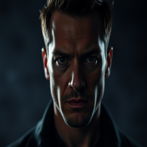 portrait of a man with an intense expression in a dark, moody setting, low-key lighting, sharp focus, 85mm lens, f/1.8 aperture, ISO 200, taken with a full-frame DSLR camera, using a shallow depth of field to isolate the subject from the background, enhancing the dramatic effect