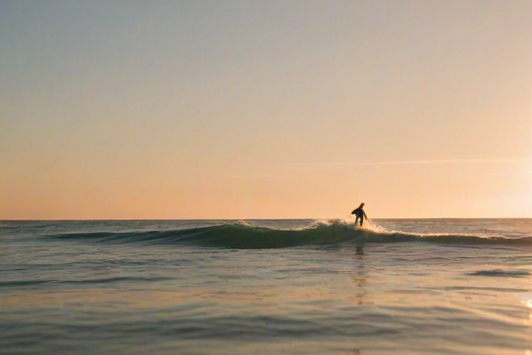 Blurry action shot of a surfer catching a wave at sunrise, soft orange light reflecting off the water, with distant seagulls flying overhead and a peaceful beach barely visible in the background.