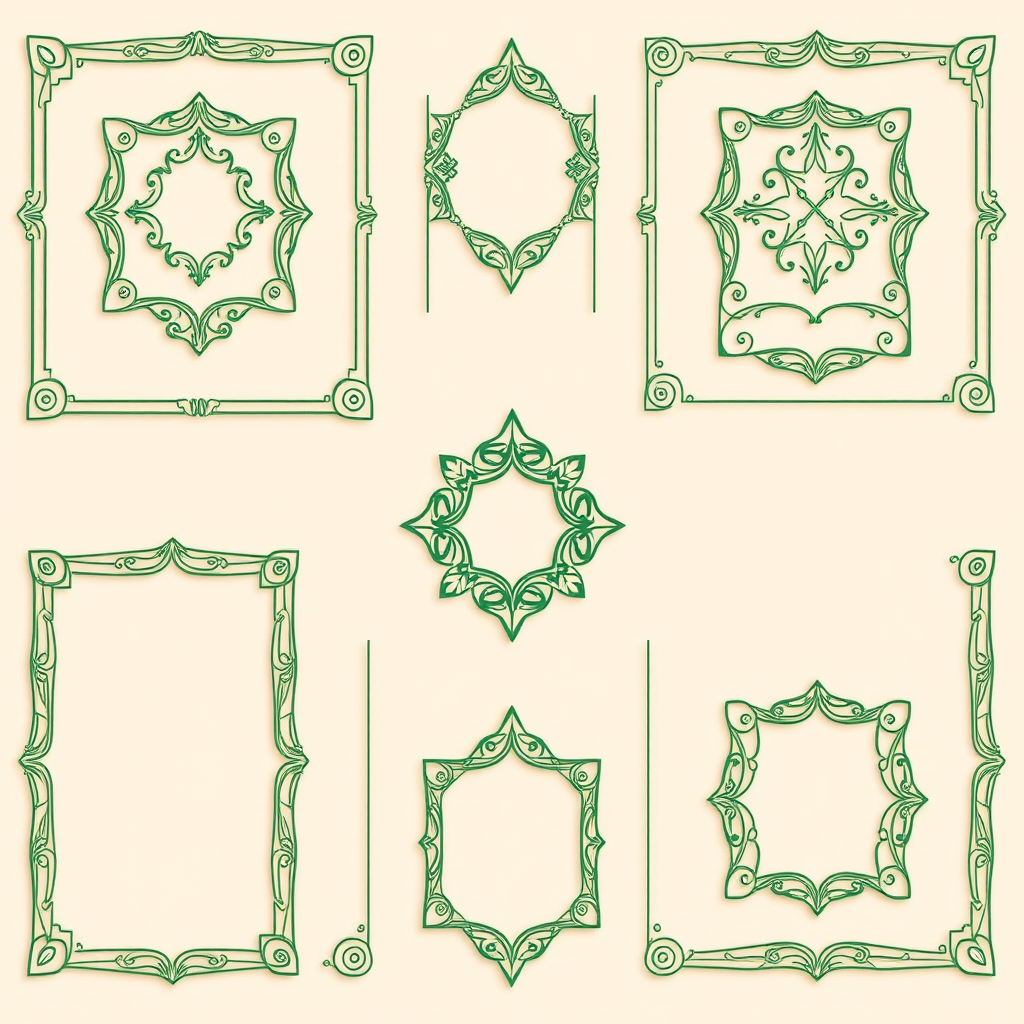 create a high-resolution vector image of intricate green line art decorative frames in a grid layout with soft beige background, using a Canon EOS R5 camera, aperture f/8, ISO 100, 50mm lens, overhead view, macro photography style for enhanced detail and clarity
