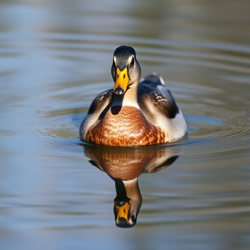 a close-up of a duck swimming on a calm pond, capturing its reflection in the water, natural light, f/4 aperture, 1/200 second shutter speed, ISO 100, taken with a DSLR camera, 50mm lens, shallow depth of field, vibrant colors
