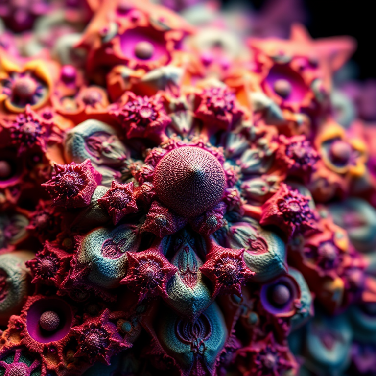 Create a highly detailed fractal image featuring intricate patterns and vibrant colors, shot with a Nikon D850 at f/8, ISO 100, 1/125s, using a macro lens with a 50mm focal length, emphasizing depth and texture in a close-up view.