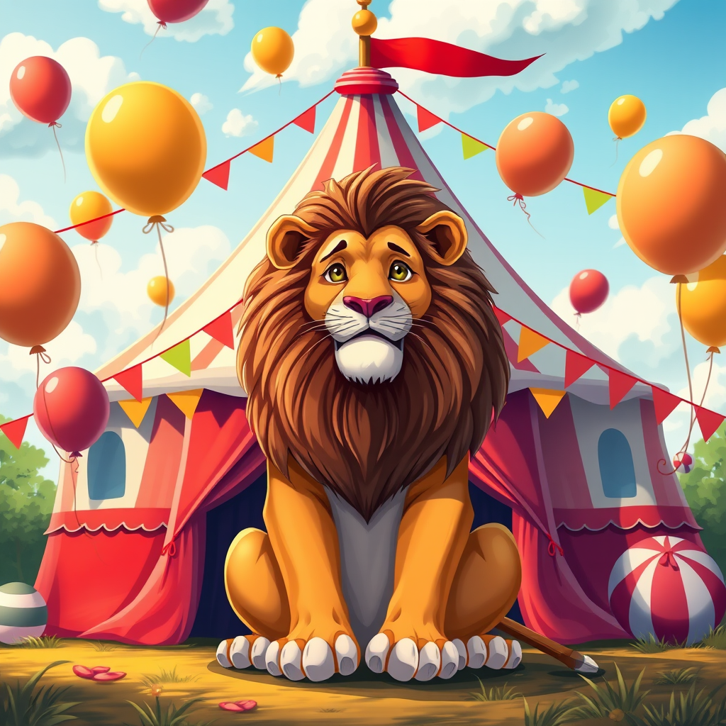 Create an illustrated image of a majestic lion sitting prominently in front of a whimsical circus tent, surrounded by colorful balloons and playful circus elements, using a digital art style, vivid colors, 4K resolution, shot from a slight low angle to emphasize the lion's grandeur, with a focus on high contrast and sharp details.