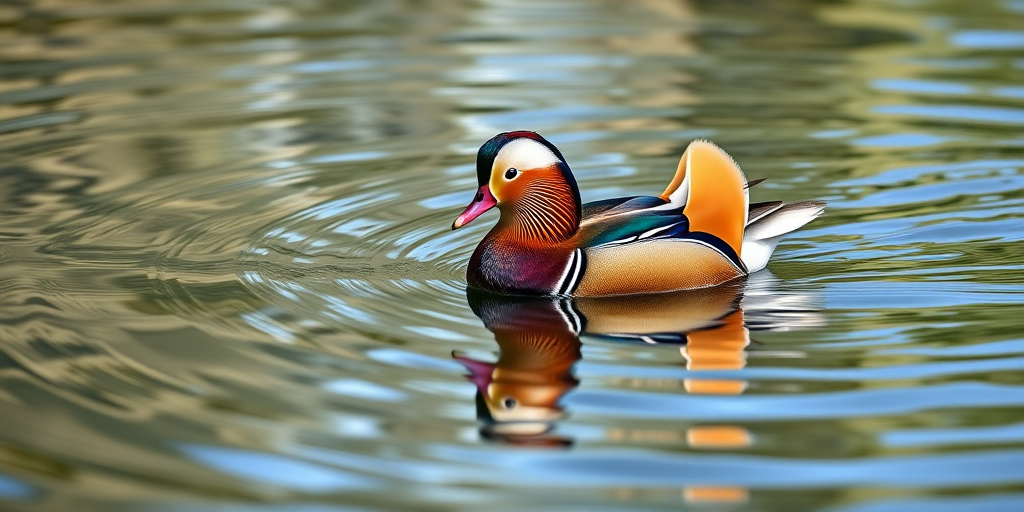 Capture a vibrant mandarin duck swimming on a rippling pond, using a 50mm lens at f/2.8, ISO 200, shutter speed 1/500s, shot from a low angle to emphasize reflections on the water surface in natural daylight with a shallow depth of field for a crisp background blur.