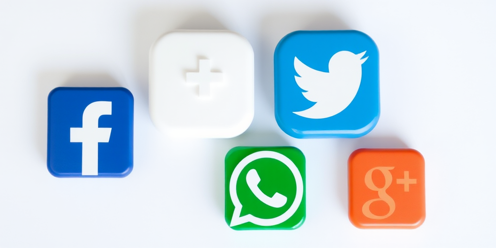 Create a high-resolution image featuring social media icons for Facebook, Twitter, Google+, and WhatsApp in a clean, minimalist style, captured with a DSLR camera at f/2.8 aperture, ISO 100, and 1/60 sec shutter speed, from a straight-on view with soft, even lighting.