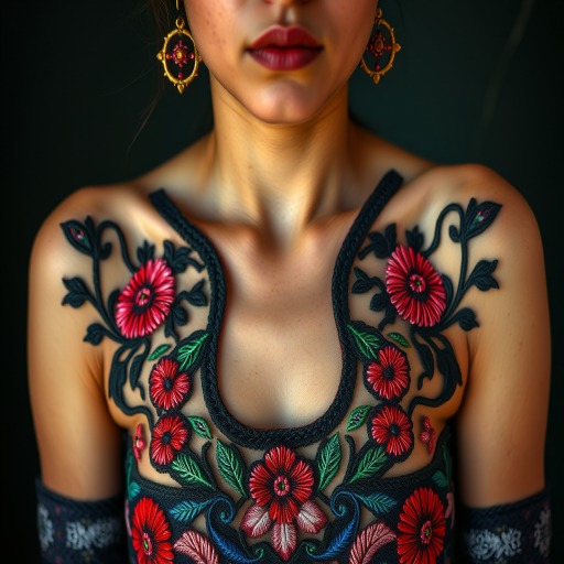 Face, shoulders, chest covered in openwork Maya embroidery. Raw, unedited image.