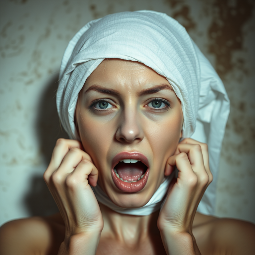 Create a close-up photographic image of a Caucasian woman with light skin tones shown against an old, worn wall. Their head is wrapped in a white cloth covering (i.e.... parts of the head except the nose and mouth, which are open as if they are screaming...), with a slight texture and visible folds in the fabric. Thin strands of blonde hair escape from the wrapping above, falling lightly at the top and sides. Their hands hold the fabric as if they are tugging nervously. The lighting is dramatic and even, casting strong shadows. The image has a minimalist and surreal style with an emphasis on simplicity with soft color tones. The composition is centered.