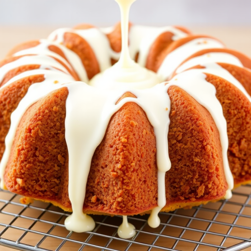 A delicious bundt cake with a golden-brown crust and a crumbly topping is placed on a cooling rack. Creamy white icing is being drizzled over the top, creating a glossy finish. The background is softly blurred to emphasize the cake.