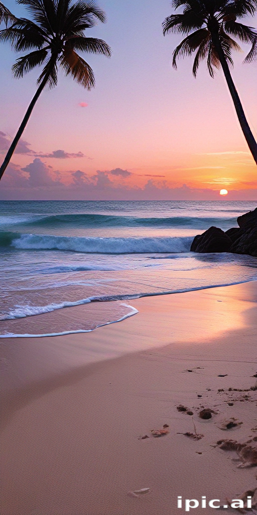 Serene Sunset Over Tranquil Beach with Palm Trees and Gentle Waves