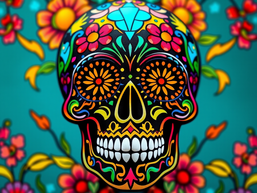 Create a vibrant and intricate Day of the Dead sugar skull design filled with colorful flowers, diamonds, and lightning motifs, captured using a DSLR camera with a 50mm lens, f/1.8 aperture, ISO 100, in natural lighting, at a 45-degree angle for depth and clarity.