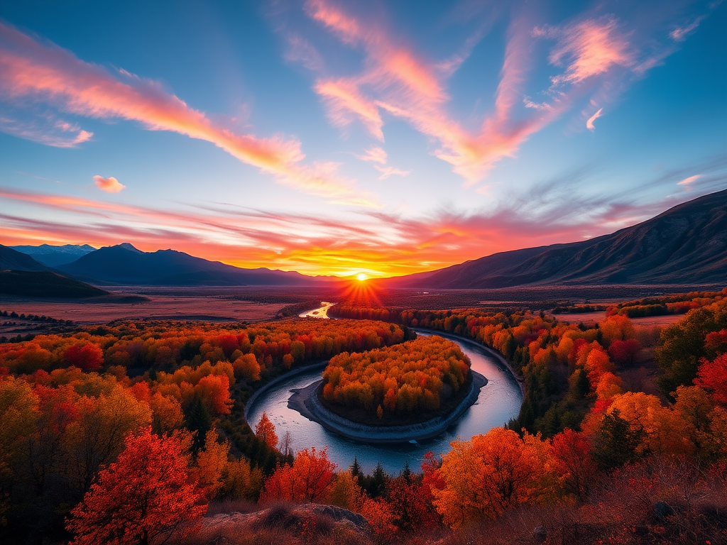 A vibrant landscape at sunset with a winding river, mountains in the background, and colorful trees in the foreground, taken with a Canon EOS R5 at f/8, ISO 100, with a 24-70mm lens, using a wide-angle view to capture the expansive scene and enhance depth.