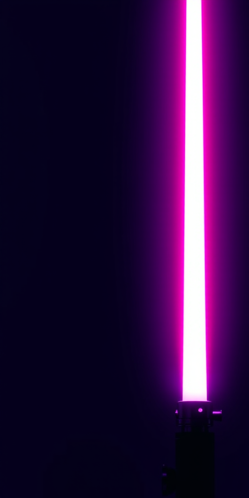 Create a high-resolution image of a glowing lightsaber against a dark purple background, using a DSLR camera with a 50mm lens, aperture f/1.8, ISO 200, and a shutter speed of 1/60 seconds, capturing a cinematic angle.