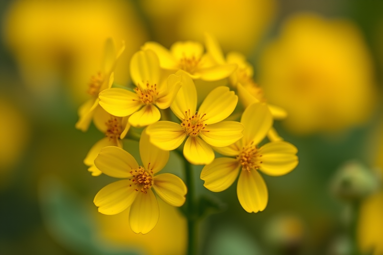 macro shot of a cluster of vibrant yellow flowers with soft bokeh background, ISO 100, f/2.8 aperture, 50mm lens, natural light, DSLR camera, shallow depth of field