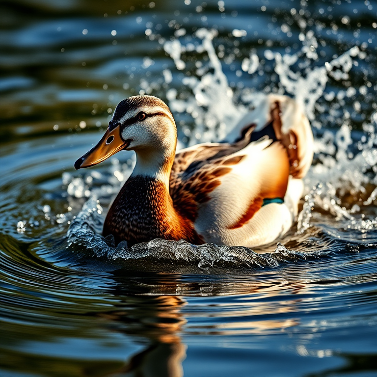 Capture a high-resolution image of a duck splashing in water, using a DSLR camera, 1/500 sec shutter speed, f/4 aperture, ISO 200, 50mm lens, natural light, and a shallow depth of field for a dynamic, focused composition.