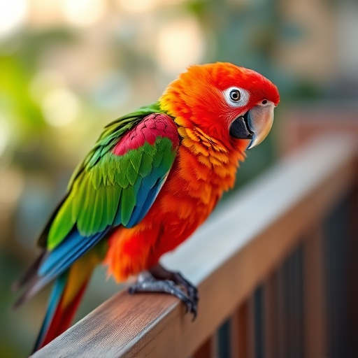 Close-up photograph of a vibrant red and green parrot perched on a wooden railing, soft bokeh background, aperture f/2.8, shutter speed 1/500s, ISO 100, taken with a DSLR camera in natural light.