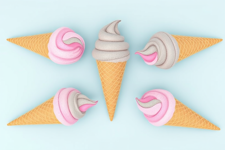 Create a digital illustration of six colorful ice cream cones with pink and gray swirls, arranged in a symmetrical pattern on a muted blue background, using a Canon EOS R5 camera with a 50mm lens, aperture set to f/8, ISO 200, and a soft, natural light rendering.