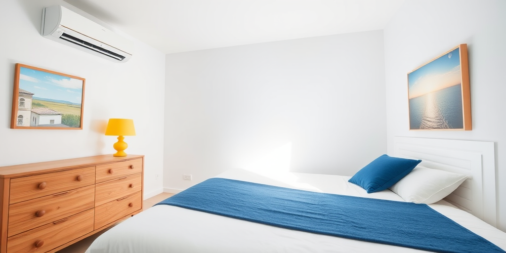 Create a bright, minimalist bedroom scene featuring a bed with a blue blanket, a wooden dresser, a yellow lamp, an air conditioning unit on the wall, and a scenic painting, captured with a DSLR camera, 50mm lens, f/2.8 aperture, ISO 100, natural light, wide-angle view.