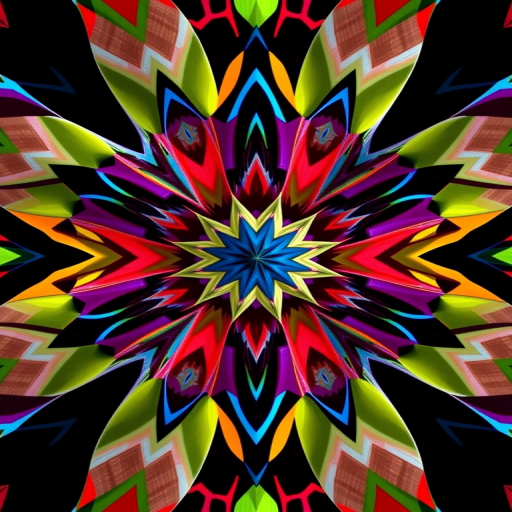 Generate an image of an abstract geometric design with vibrant colors, high contrast, and dynamic shapes, captured with a DSLR camera at f/2.8 aperture, ISO 100, 1/250 sec shutter speed, 50mm lens, and a top-down view for enhanced detail and clarity.