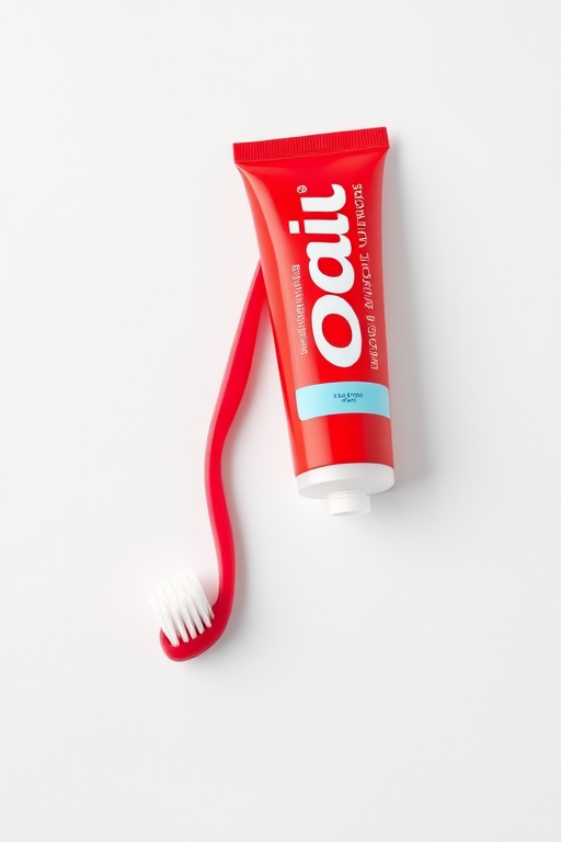 Create a hyper-realistic image of a red toothpaste tube and a red toothbrush on a white background, using a Canon EOS R5 with a 50mm lens, aperture f/1.8, ISO 100, and a shallow depth of field for enhanced detail and clarity.