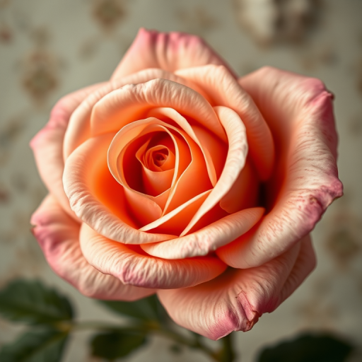 Generate a close-up image of a vintage-style rose with a textured background, using a DSLR camera with a 50mm lens, aperture set to f/2.8, ISO 100, and a soft focus effect to enhance the warmth and detail of the flower.