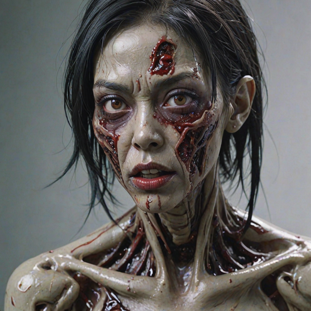 (perspective) of A creepy (ethnicity) zombie cyborg with (descriptive color) skin, (color) lipstick (color) liquid flowing from her eyes and mouth, (perspective two) portrait, (camera angle), extremely detailed, (art style) in the style of Yoshitaka Amano and Tetsuo Hara. --ar 85:128 --style raw --niji 6
