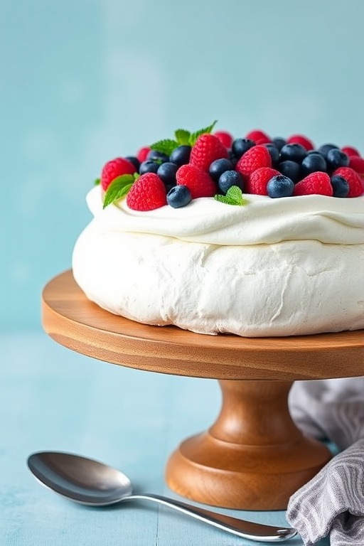 Create an image of a beautifully styled pavlova cake topped with fresh raspberries blueberries and mint leaves on a wooden cake stand with a soft blue background. The cake should have a light and fluffy meringue texture with whipped cream visible and a rustic silver serving spoon beside it.