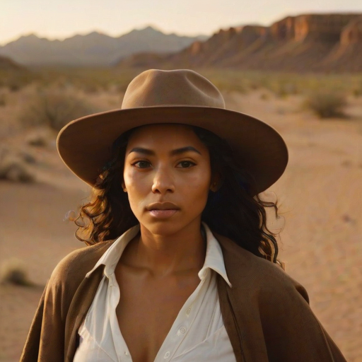 Dramatic photo of a beautiful Cape Verdean woman, classic cowboy attire, confident and free spirit expression, half-length portrait, centered, golden hour desert landscape, warm, diffused light, low angle, medium format film camera, in style of Annie Leibovitz.