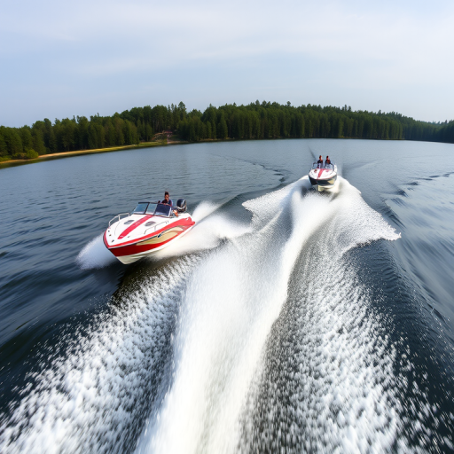 capture a high-speed boat racing scene on a lake with two racing boats splashing through the water, use a DSLR camera with a 300mm lens, aperture set to f/4, shutter speed 1/1000s, ISO 200, shot from a low angle to emphasize speed and action.