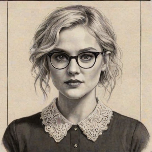 Superb Eliza Taylor, pencil sketch, portrait of Fascinating woman 1926s in glasses, hair style beatnik, outline, clear lines, fine lines, 8k