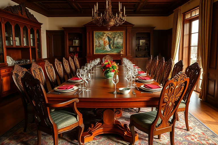 dining room with a large wooden table set for dinner, featuring chairs with intricate designs and polished finish, captured with a DSLR camera at f/2.8 aperture, ISO 100, 35mm lens, natural lighting, wide-angle view, high dynamic range for enhanced colors and details