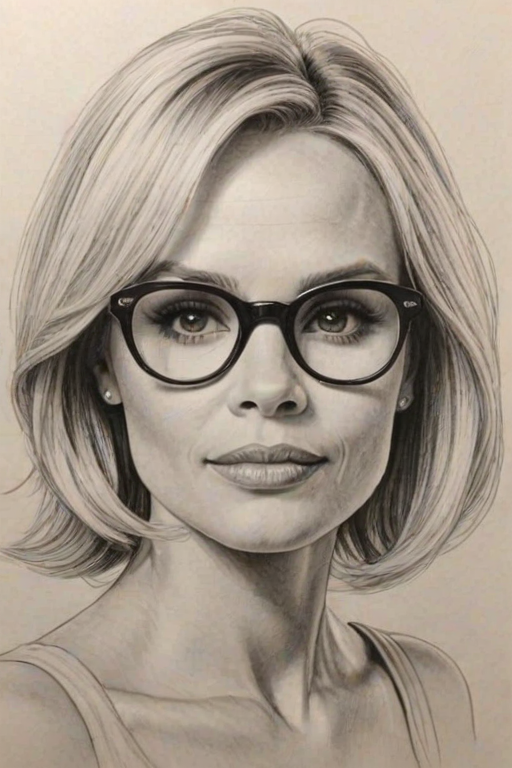 Wonderful Kristen Chenoweth, pencil sketch, portrait of Exquisite woman 1973s in glasses, hair style beatnik, outline, clear lines, fine lines, 8k