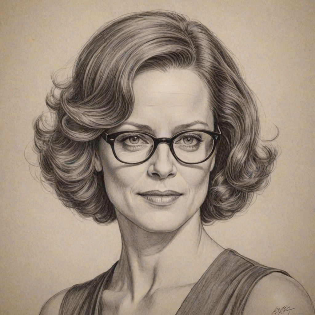 Graceful Sigourney Weaver, pencil sketch, portrait of Appealing woman 1932s in glasses, hair style beatnik, outline, clear lines, fine lines, 8k
