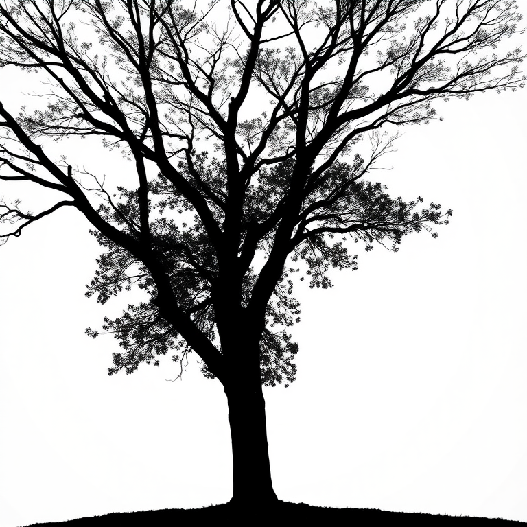 Generate an image of a minimalist black silhouette of a tree against a white background, captured with a Canon EOS R5, 50mm lens, f/1.8 aperture, ISO 100, natural light, taken from a low angle perspective for a dramatic effect.