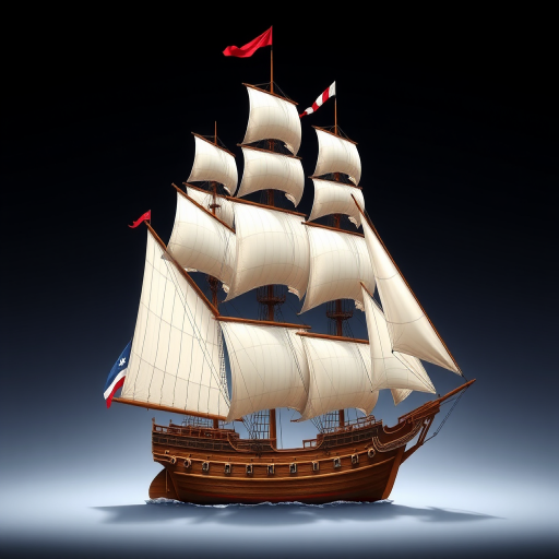 Create a high-resolution illustration of a classic sailing ship with detailed sails and flags on a transparent background, using a digital camera setting of f/8 aperture, ISO 100, 50mm lens, with a 3-point lighting setup for enhanced depth and clarity.