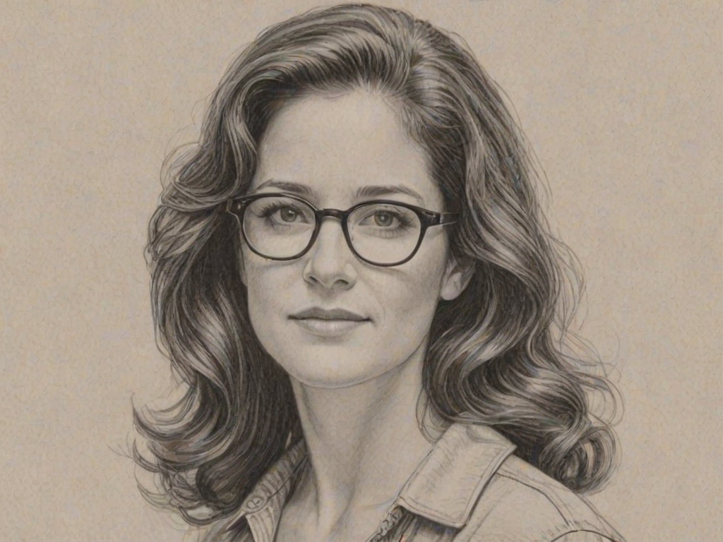 Stunning Debra Winger, pencil sketch, portrait of Sublime woman 1956s in glasses, hair style beatnik, outline, clear lines, fine lines, 8k