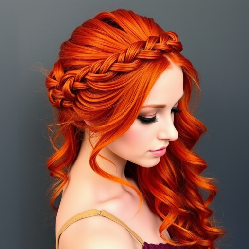 Fiery red mane styled in the "Phoenix Rising" half-up braided crown, long cascading curls reaching waist, bright copper highlights woven throughout, intricate fishtail braid circling head, loose tendrils framing face softly
