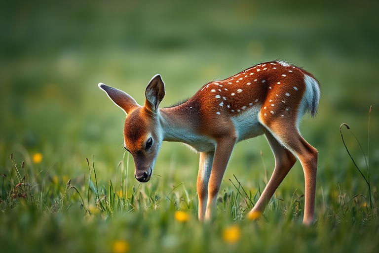 regenerate an image of a young deer grazing in a lush meadow, captured with a Canon EOS R5, 50mm lens, f/2.8 aperture, ISO 100, soft natural lighting, shallow depth of field, and a slightly low angle view to enhance the subject's details and background blur