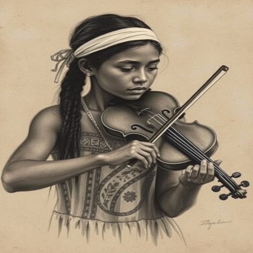 a young Torres Strait Islander woman with a white headband playing a violin, in the style of a charcoal drawing, sepia grunge background