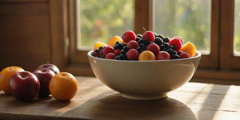 Warmly lit close-up of a bowl of fresh fruit on a rustic wooden table, soft sunlight streaming through a nearby window, with vibrant oranges, apples, and berries creating a colorful, inviting display.