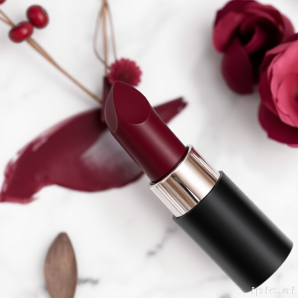 Matte burgundy velvet lips called "Midnight Wine" boast a rich, opaque color payoff and smooth texture, ideal for sophisticated evening events and autumn wardrobes