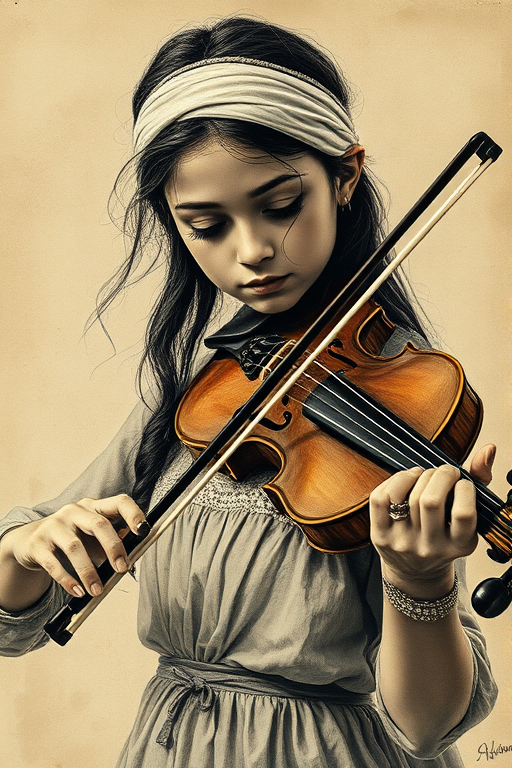 a young Romani woman with a white headband playing a violin, in the style of a charcoal drawing, sepia grunge background