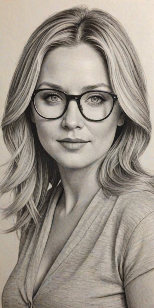 Graceful Jessica Capshaw, pencil sketch, portrait of Fetching woman 1969s in glasses, hair style beatnik, outline, clear lines, fine lines, 8k