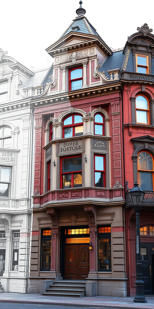 Regenerate a high-resolution image of a Victorian-era building transitioning from a sketch to a detailed photograph, with daytime lighting, using a DSLR camera, 50mm lens at f/1.8, ISO 100, and a vibrant color palette for enhanced realism.