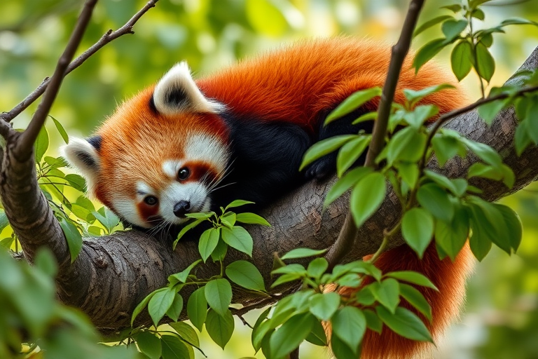 Red panda resting on a tree branch surrounded by green leaves, captured with a Canon EOS R5, 85mm f/1.2 lens, aperture f/2.8, ISO 200, shutter speed 1/250s, natural lighting, shallow depth of field for enhanced focus on the subject.