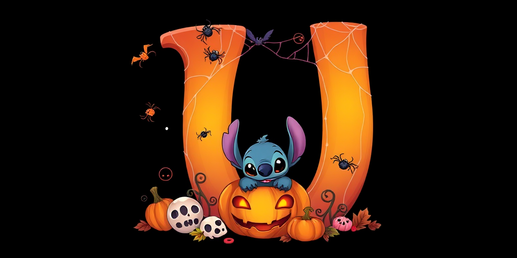 A whimsical and vibrant Halloween-themed digital illustration featuring the letter "U" adorned with spider webs, small bats, and cute spiders. At the base of the letter, a playful alien character similar to Stitch is peeking out from inside a carved pumpkin with glowing eyes, surrounded by additional pumpkins, a small skull, and autumn leaves. The letter is gradient-colored from orange to purple, adding a magical atmosphere to the scene, black background