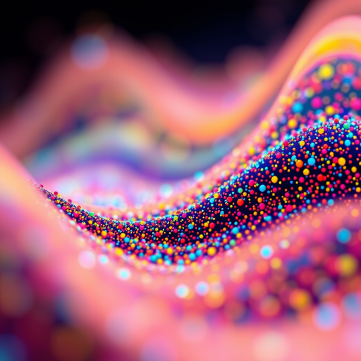 generate a high-resolution abstract image of colorful flowing particles in a wavy pattern with a depth of field effect, using a Canon EOS R5 camera with a 24mm f/1.4 lens, shooting at ISO 100, f/1.4, and 1/60 sec exposure, in macro view with vibrant colors and enhanced brightness.