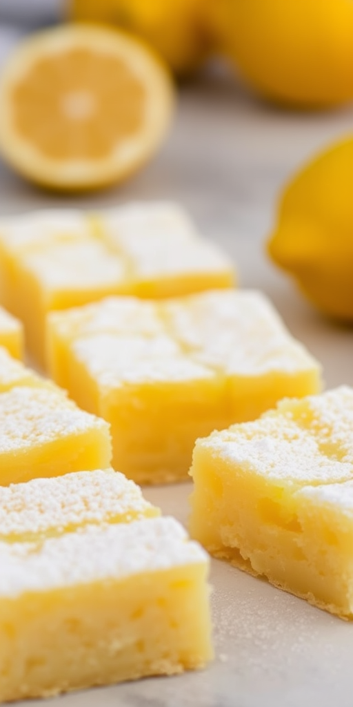 A close-up of yellow lemon squares dusted with powdered sugar on a light surface with fresh lemon slices in the background, showcasing a soft and fluffy texture of the dessert.