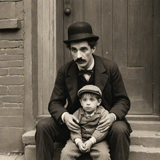 A black-and-white photograph of a man and a child sitting on steps in front of a doorway. The man is dressed as a tramp with a bowler hat, mustache, and ragged clothes, reminiscent of Charlie Chaplin's iconic look. He is sitting with his arms crossed and an expression of slight sadness or frustration. Next to him is a young boy, also in worn clothes and a cap, sitting with his hands clasped, looking thoughtful. The background is an old, textured wall and a partially open door, creating a vintage, early 20th-century atmosphere.