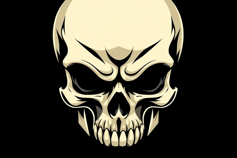 Create a high-resolution vector illustration of a skull with a menacing expression, using a digital camera simulation with a 50mm lens at f/1.8, shot from an eye-level perspective on a black background.