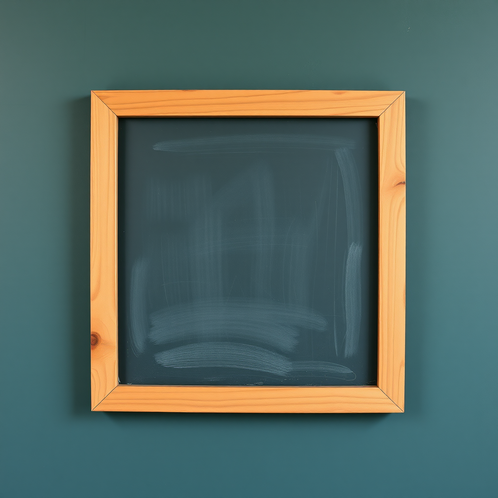 Create a highly detailed image of a clean wooden framed chalkboard with a smooth, slightly glossy surface using a Canon EOS 5D Mark IV, f/8 aperture, ISO 100, 24mm lens, natural lighting, and a straight-on perspective.